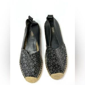 DKNY Black Logy Patterned Slip-On Canvas & Leather Espadrilles Size 7.5